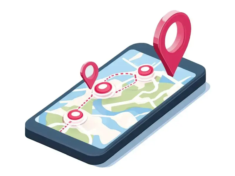 Isometric Smartphone Map Displaying Route and Pins 3D smartphone screen illustrating a map with connected location pins and a highlighted route path